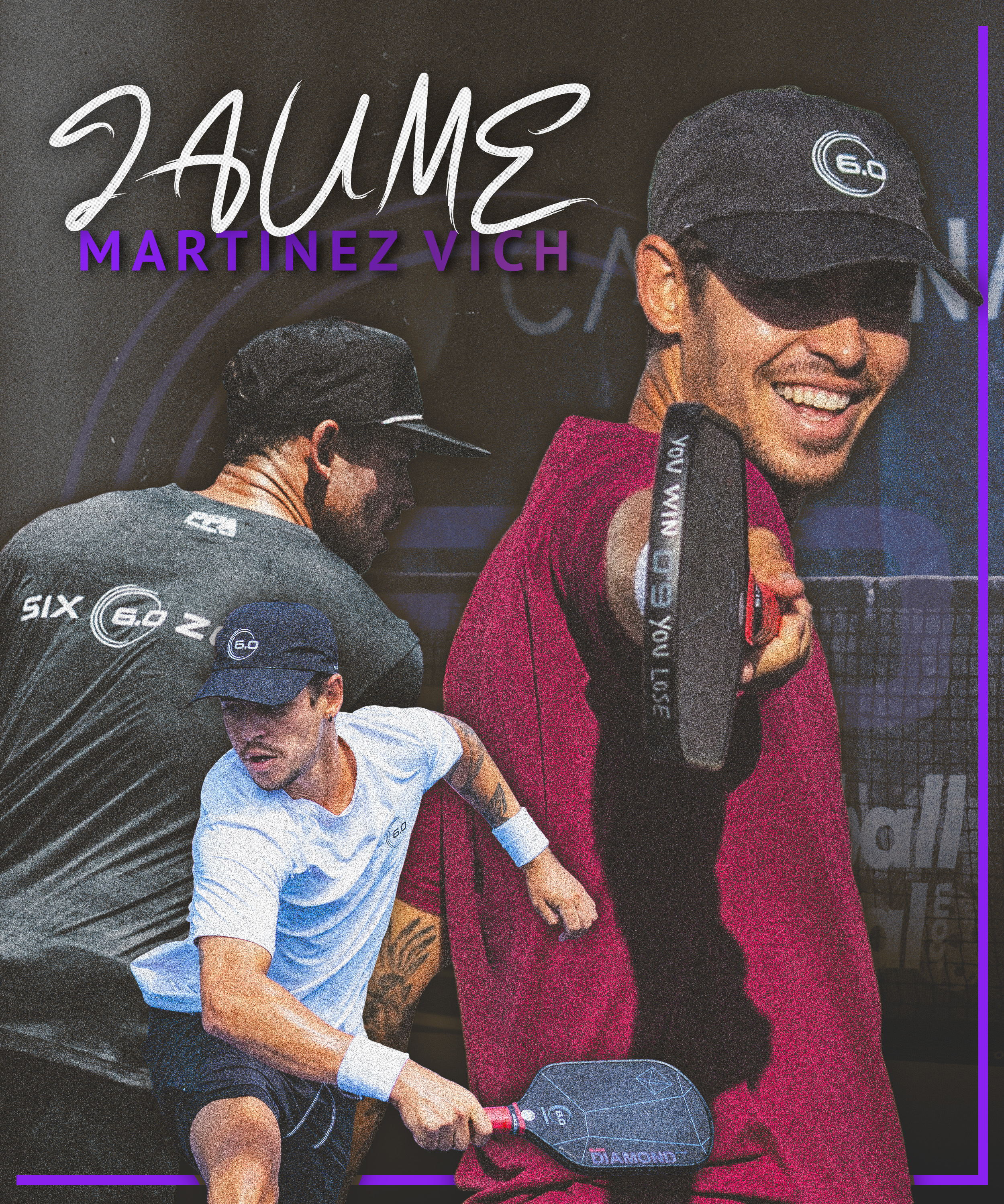 Jaume Martinez is seen in 3 different stances holding his signature paddle. This graphic has three layers and has a pickleball court background.