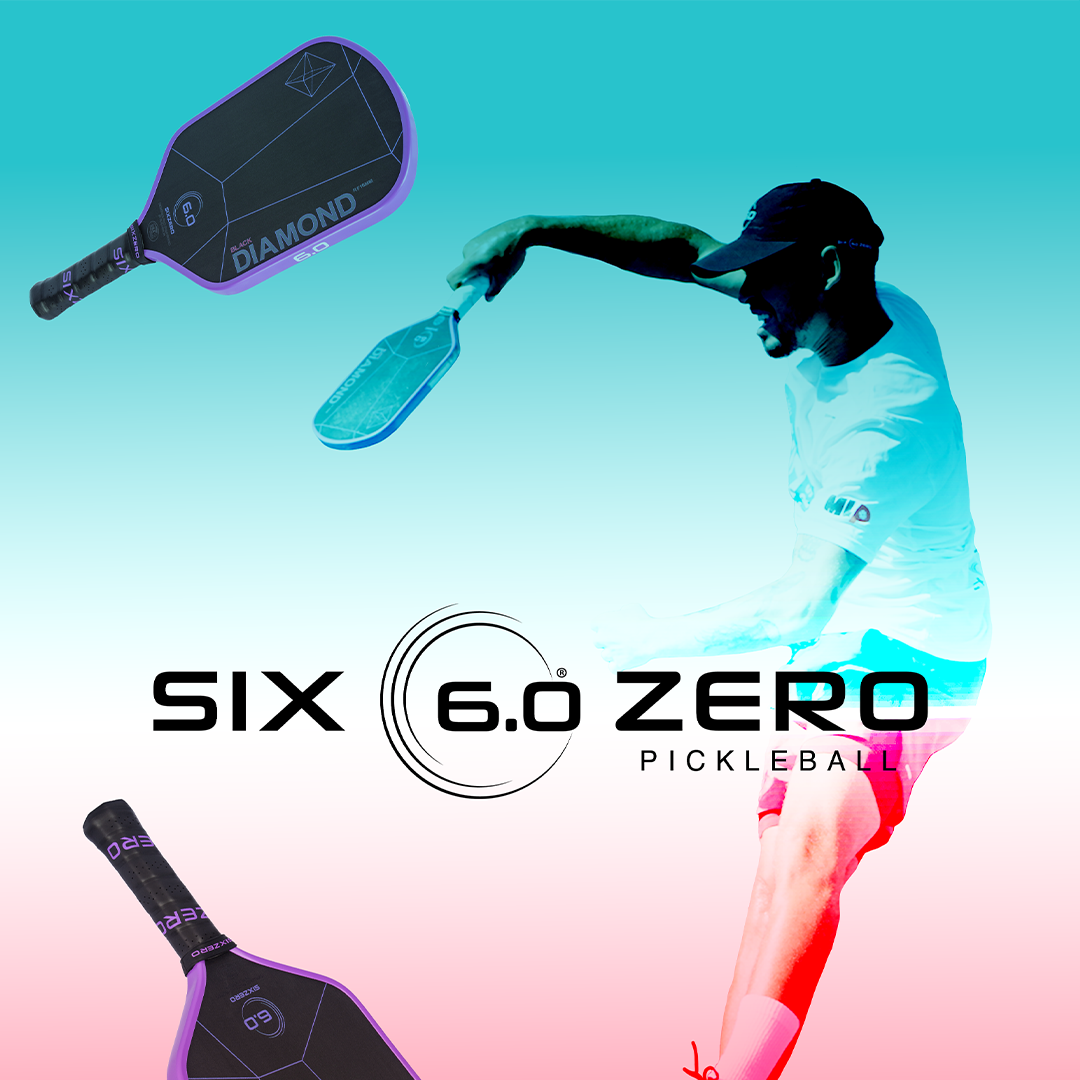 The image shows the silhouette of a man swinging his paddle while jumping in the air. 2 purple paddles can be seen floating in the air. The background has a blue and pink gradient, starting with blue from the top.